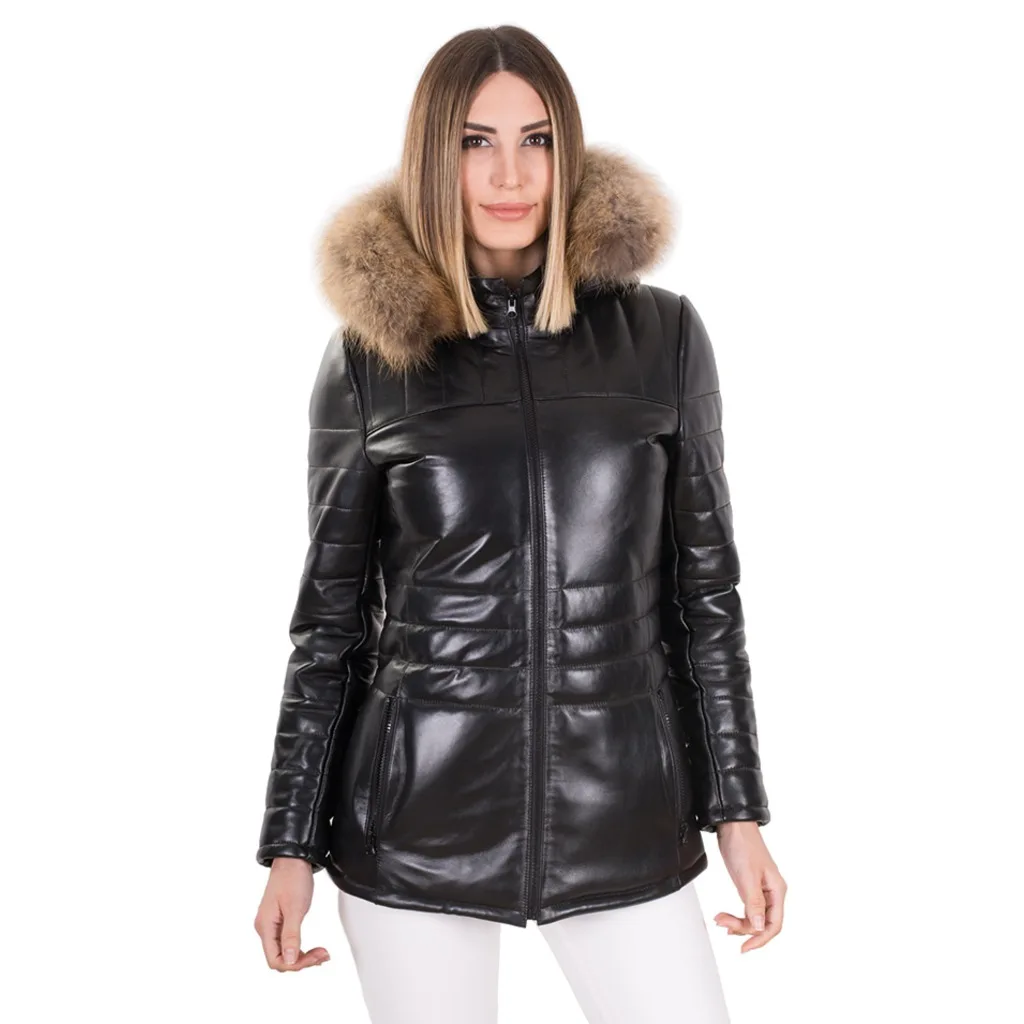 Frauen Kragen Pelz Leder Jacke Winter Schwarz Farbe Wasserdichte Leder Jacke Echtem Schaffell Lange Mäntel Hält Warm