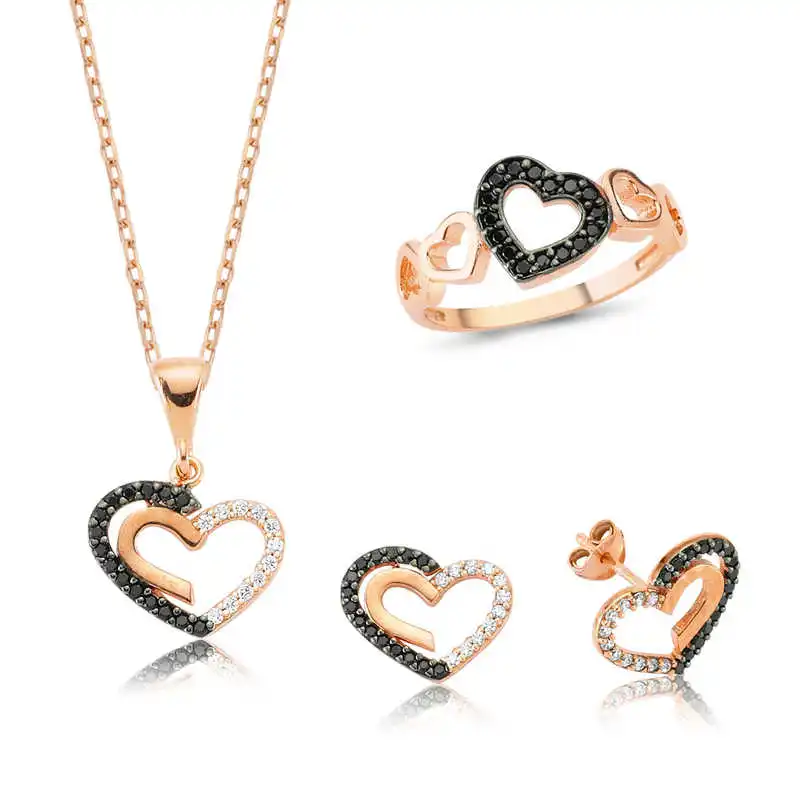 925 Sterling Silver Diamond Mounted Heart Pattern Women's Set