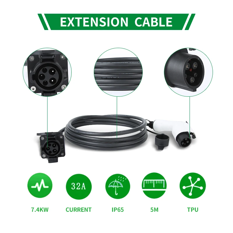 Electric Vehicle Car Connector 32A Type 1 SAE J1772 Evse Charging Extension Cord Extend Lengthen Cable TUV/UL