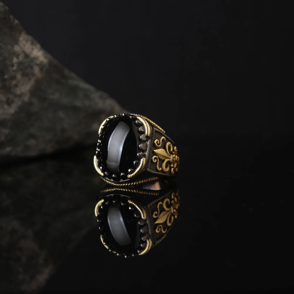 Black Zircon 925 Sterling Silver With Gold Plate Engraved Traditional Handmade Turkish Signet Ring Jewelry Gift for Women Men