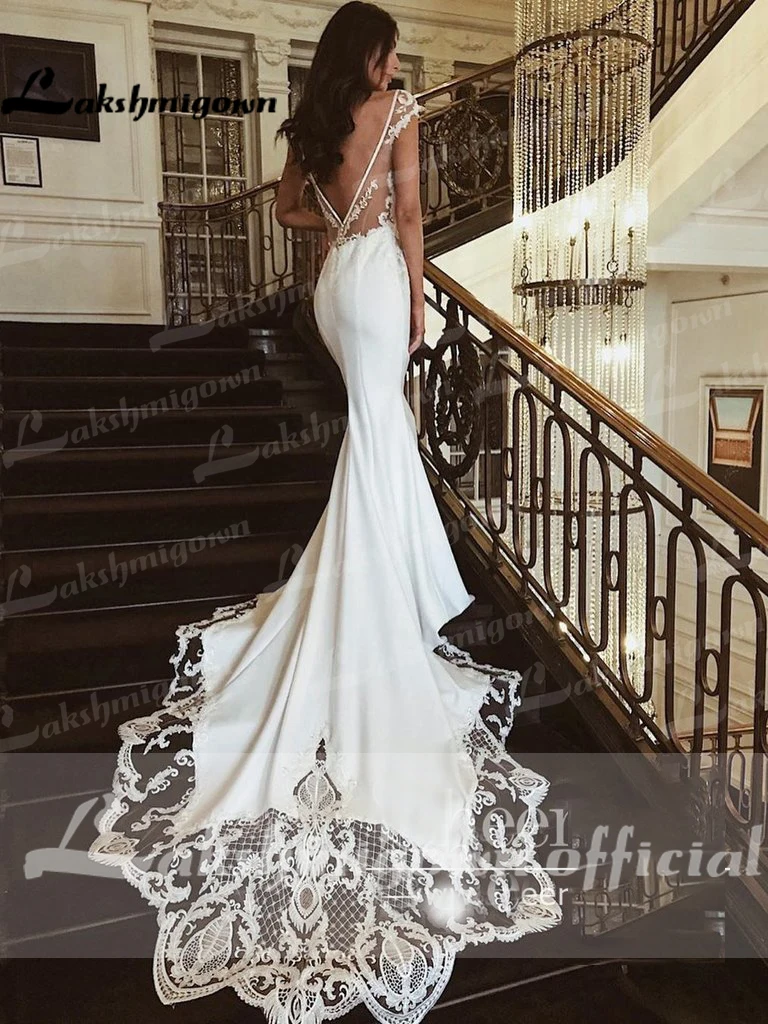 Profundo decote em v mangas curtas sem costas sereia vestido de casamento com trem em forma apliques rendas vestidos de casamento personalizado vestido de noiva