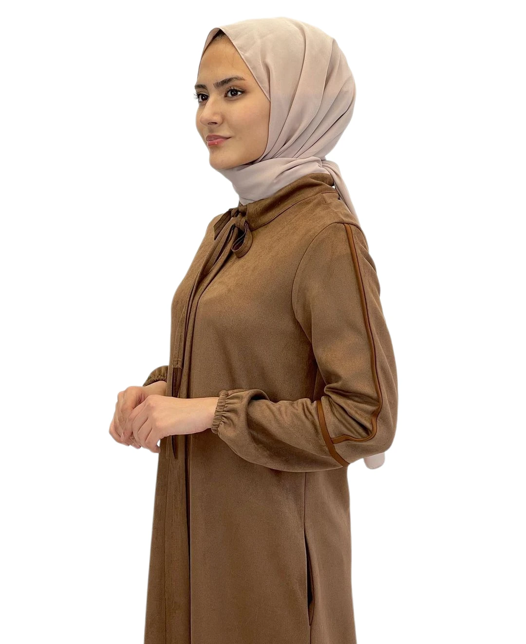 Muslim Abaya Islamic Hijab Fashion Clothing Winter Piping Hidden Zipper Suede Fabric Cap Model Dress