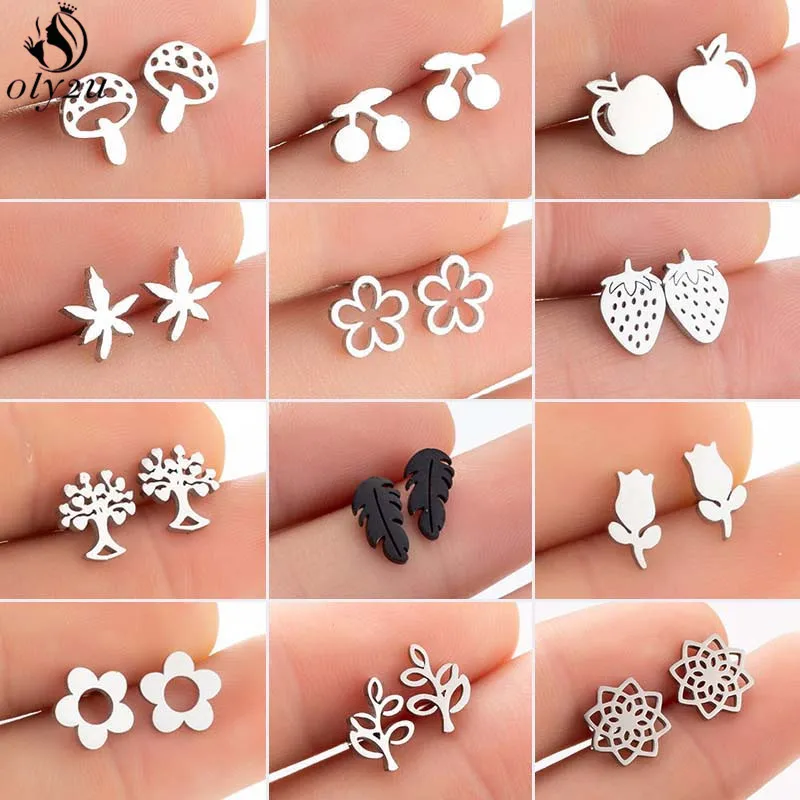 Bohemia Plant Stainless Steel Earrings Women Fashion Apple Cherry Leaf Mushroom Flower Stud Earring Piercing Jewelry Wholesale