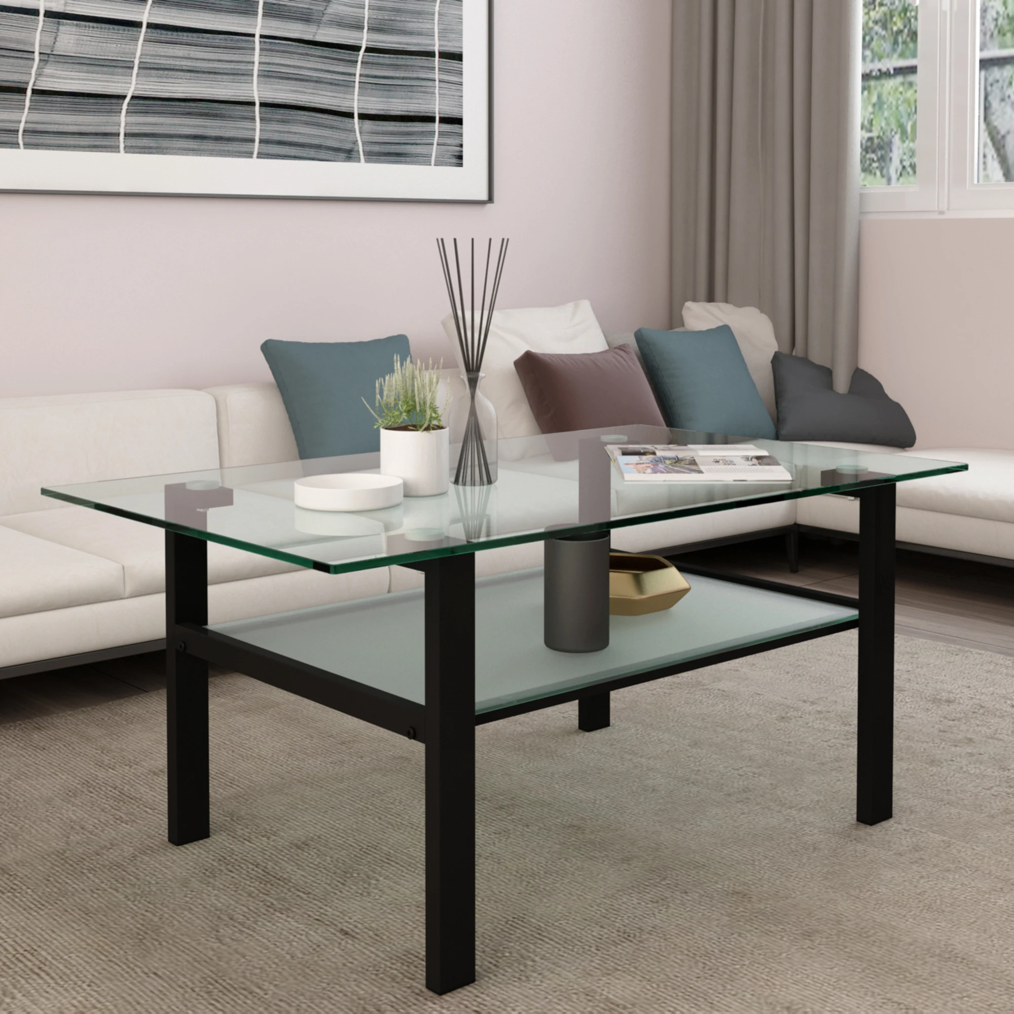 2-Layer Transparent Glass Coffee Table Modern Simple Living Room Tea Table Side Center Table Black/Gray[US-Stock]