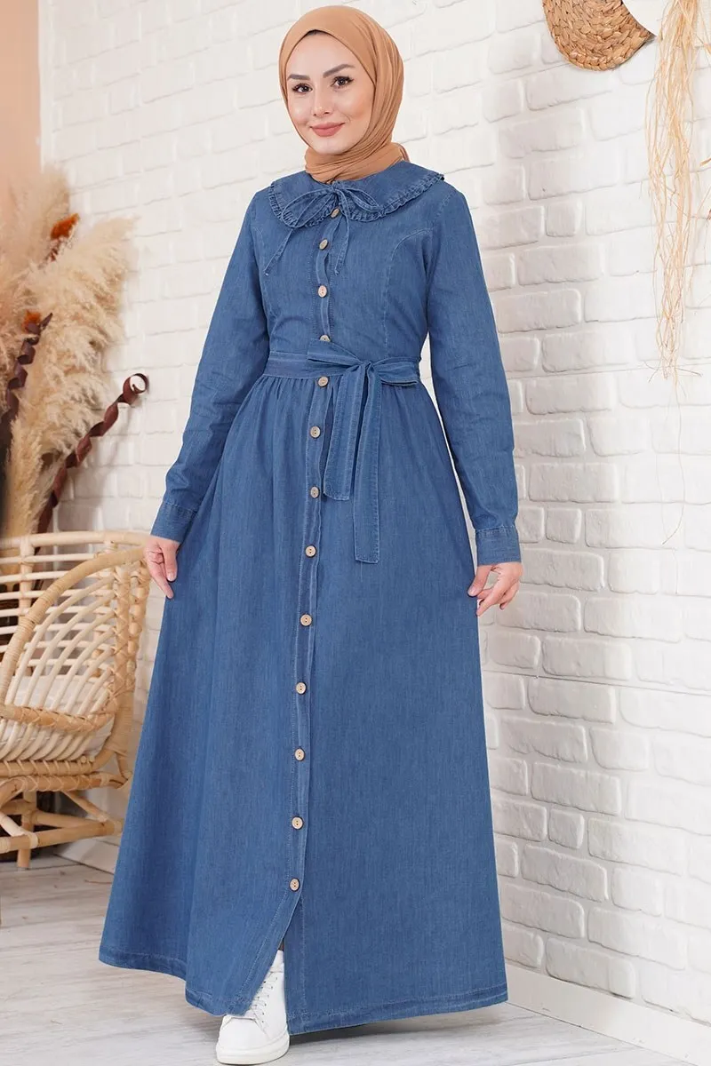 Dark blue Suede Belt Jeans with Laces Laced Waist Dress Muslim long dress women Dubai Turkish Headscarf Girl Islamic clothing ABAYAS