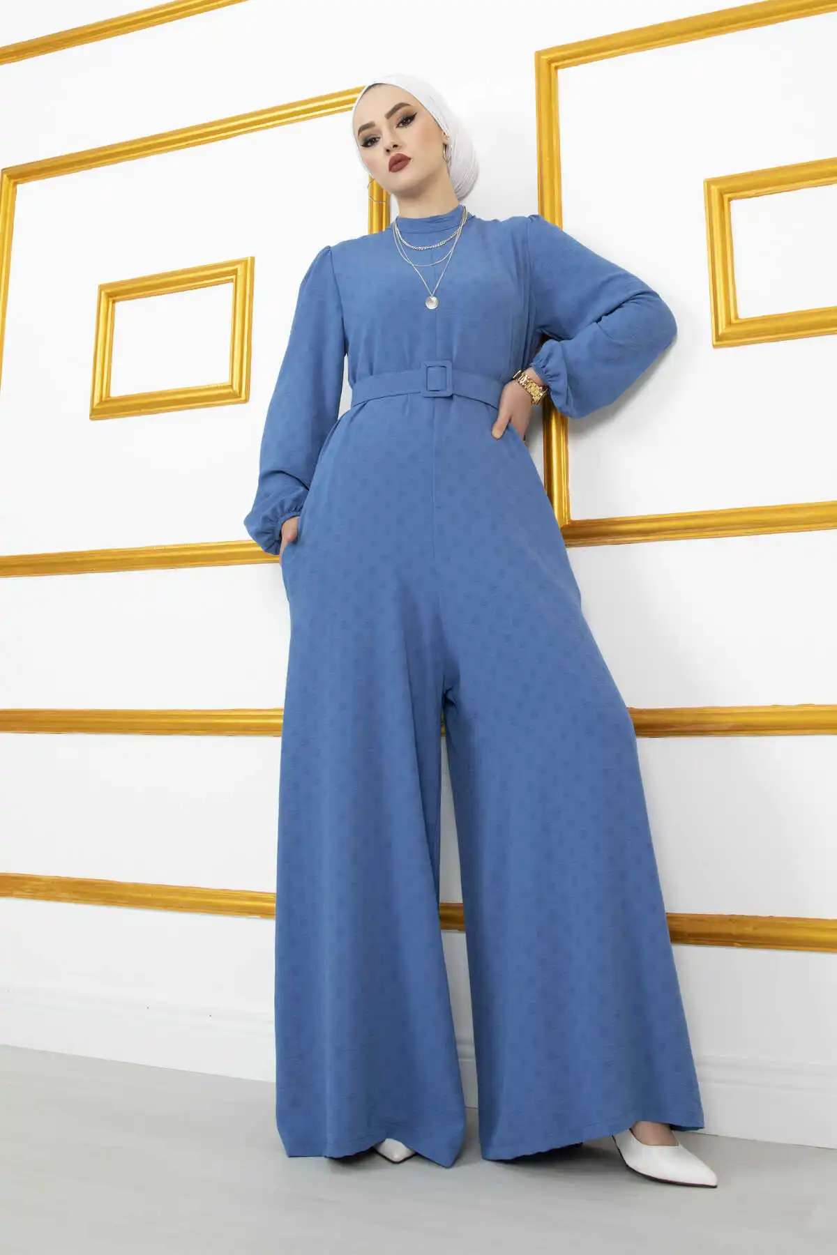 

Women Polka Dot Hijab Jumpsuit Ramadan Eid Djellaba Abaya Dubai Shiny Soft Puffy Sleeve Muslim Dress Silky Turkey Islamic Belt