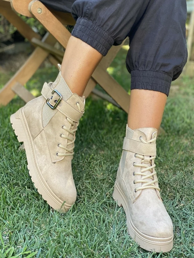 Sepatu Bot Pergelangan Kaki Wanita NUDE SUEDE Lastİklestokali BOAT BOOTİE Fashion Pos Sepatu Bot Wanita Hak Tinggi Musim Gugur Musim Dingin