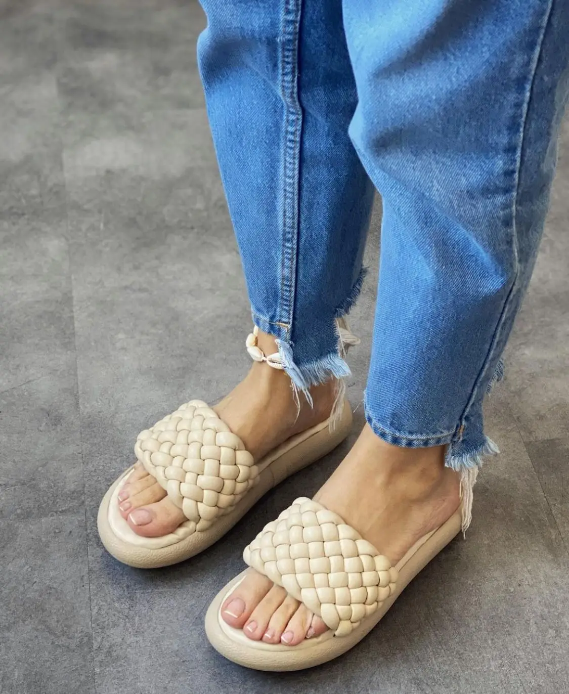 2021 New Trend Women Soft Sponge Knit Band Model Slippers Sandal Luxury Spring Summer High Quality Made in Turkey Beige Green