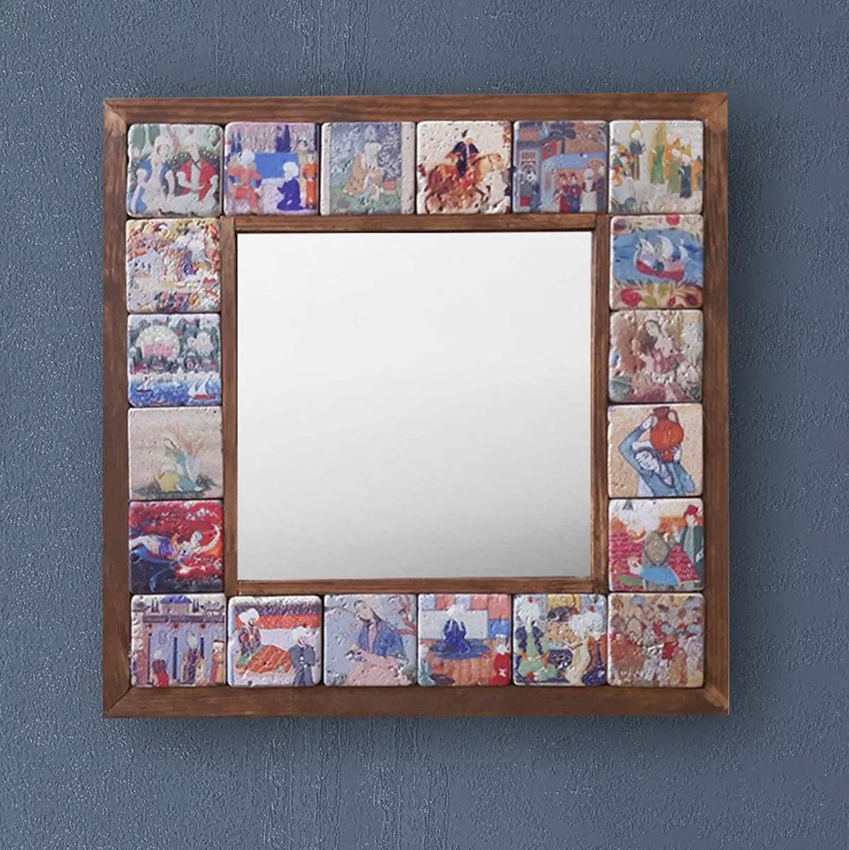 Handmade Wall Mirror Decorative Natural Stone Wooden Framed Art Decor Vintage Mosaic Printed Tile Square Gift Hang 33cmx33cm