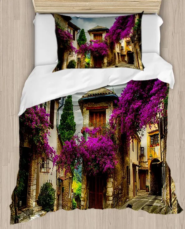 

Else Purple Trees Vintage Street Turkey 4 Piece 3D Print Cotton Satin Single Duvet Cover Bedding Set Pillow Case Bed Sheet