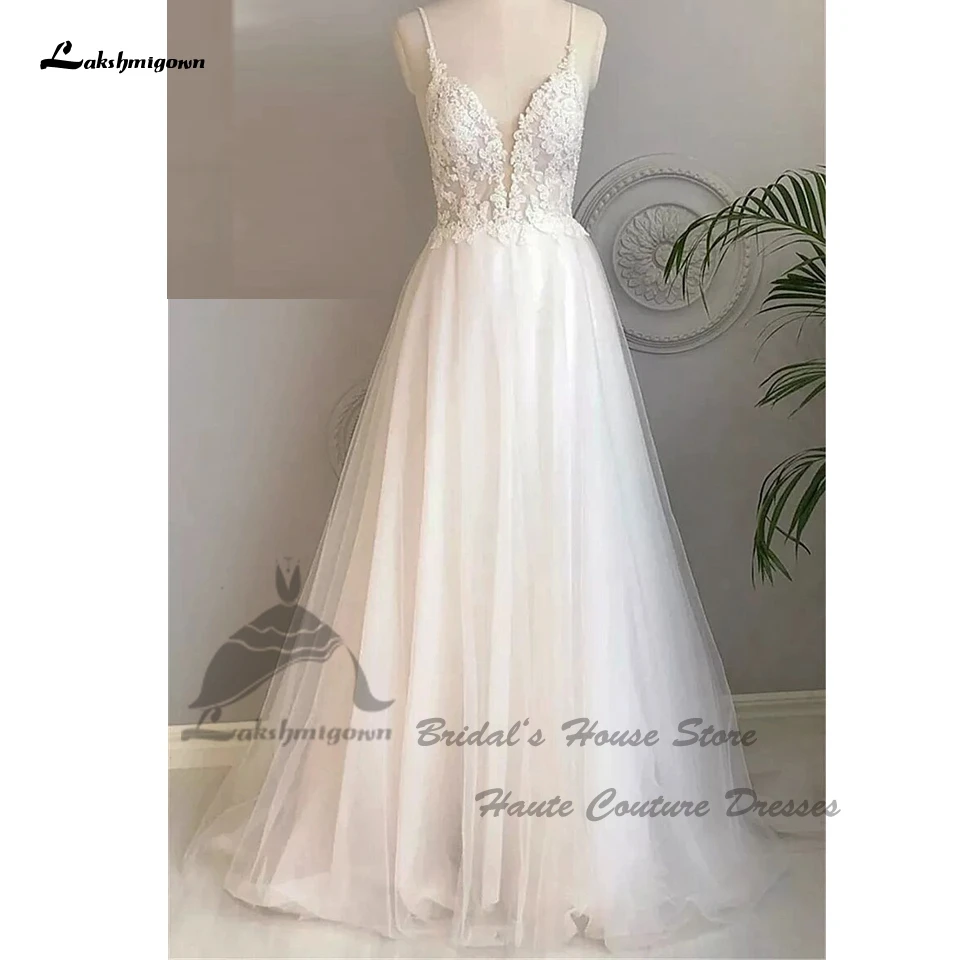 Prinzessin Strand Brautkleider für Braut Spaghetti träger 2024 Robe Mariee schicke Spitze Applikation V-Ausschnitt Boho Brautkleid offener Rücken