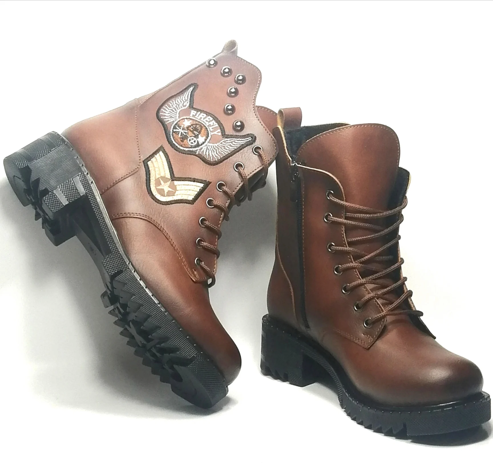 WOMEN - BROWN FLAT HEEL MILITARY model HIGH QUALITY BOOTS. NEW SEASON MODERN. RUBBER NON-SLIP SOLE WATER RESISTANT WINTER BOOTS