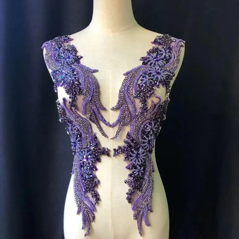 

Purple Bead Applique Crystal Bodice Patch Heavy Bead Applique for Couture WK202103