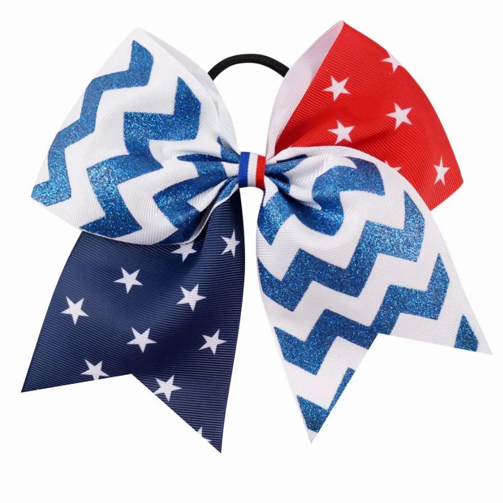 2pcs/lot 7\'\' 4th July Kids\' Printing Patchwork Patriotic Cheerbow with Elastic  Ponytail Ribbon Cheerleading Bows for Girls