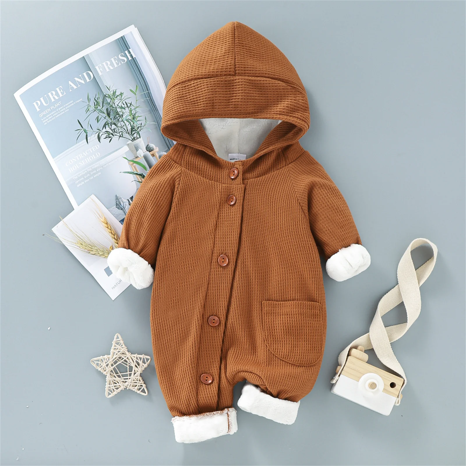 PatPat Jumpsuit wafel bertudung bayi, Jumpsuit hoodie lengan panjang tebal katun 95% lengan panjang bayi laki-laki dan perempuan