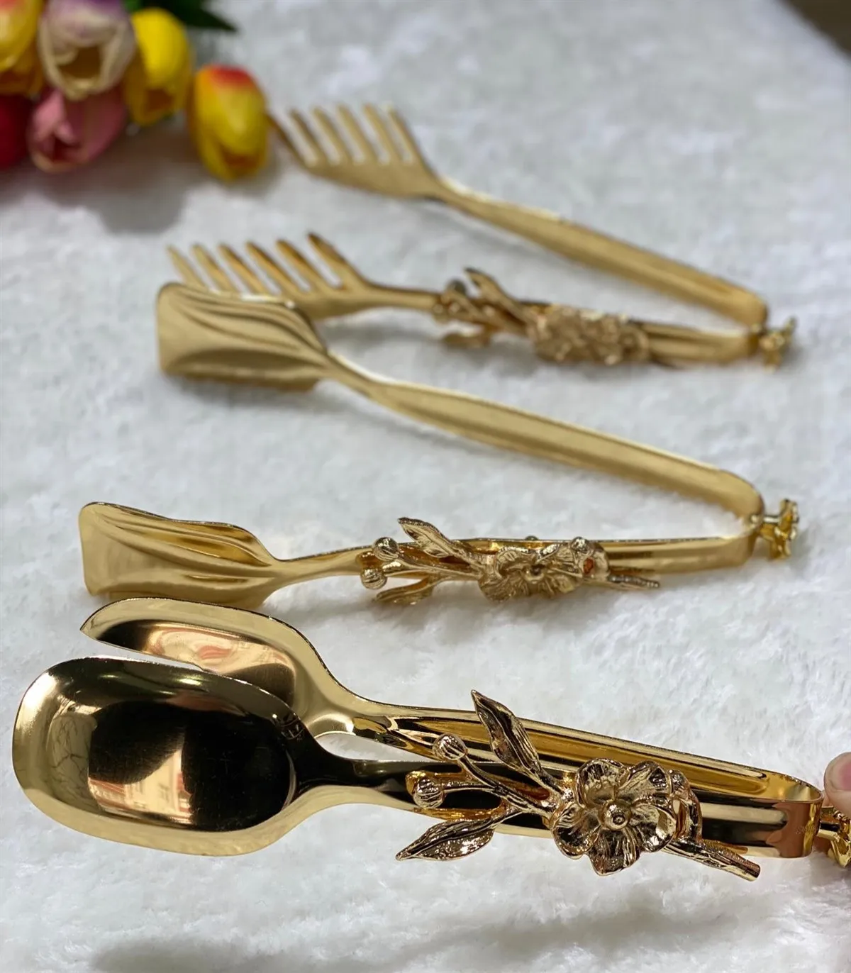 3 Pieces Food Serving Tongs Cake Pastry Bread Holder Kitchen Products High Quality Gold Color Plated Special Design Turkish Production Gift Presentation Auxiliary Accessory 5 Star Invitation Durable Metal Japanese Rose