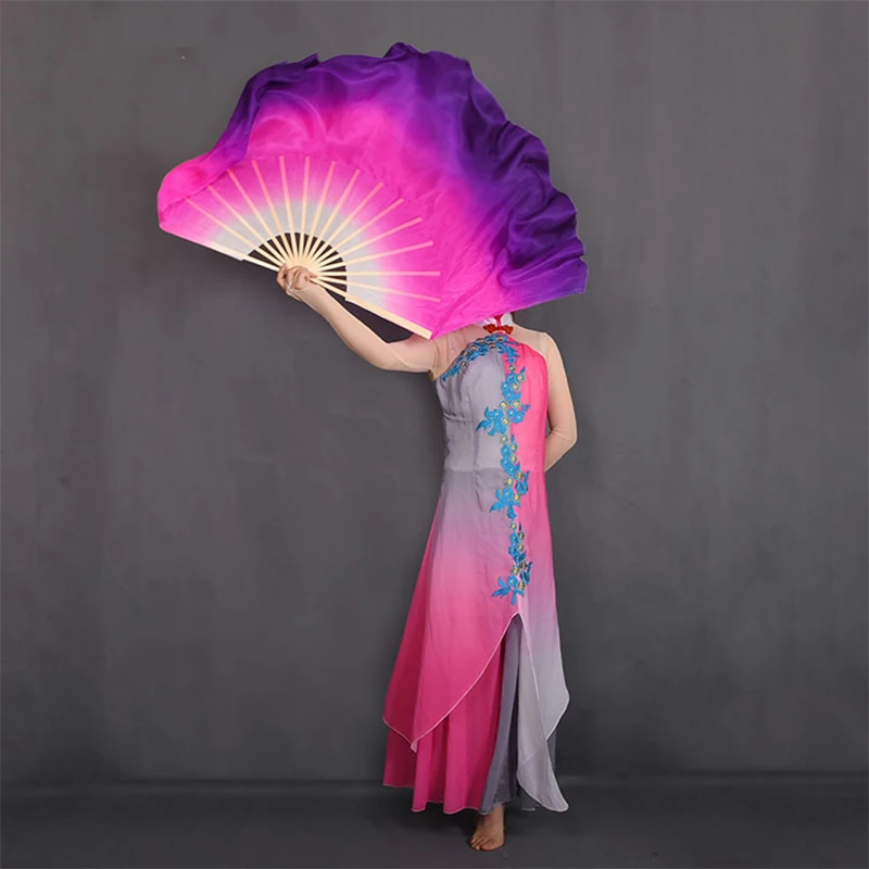 New Chinese Classical Yangko Dance Performance Props White-Rose-Purple Gradient Long Silk And Bamboo Double-Sided Dance Fan