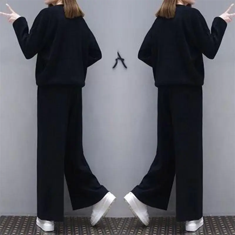 black Round neck Two Piece Set Tracksuit Women High Waist Wide Leg Pants Women Suit 2 Piece Set Women 2022 Jogging suit Running