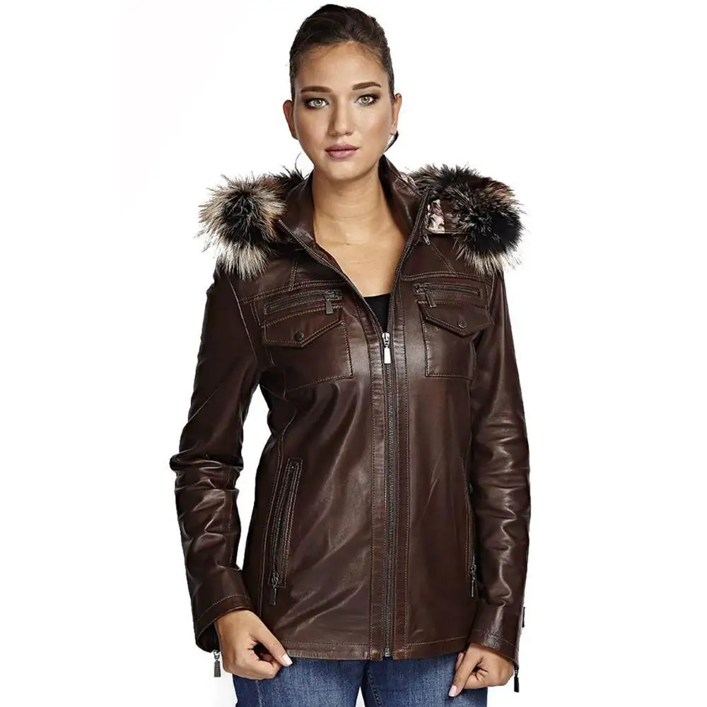 

Genuine Sheep Leather Jacket for Women brown-Color Hooded Long Leather Jacket Classic Leather Goods from Turkey