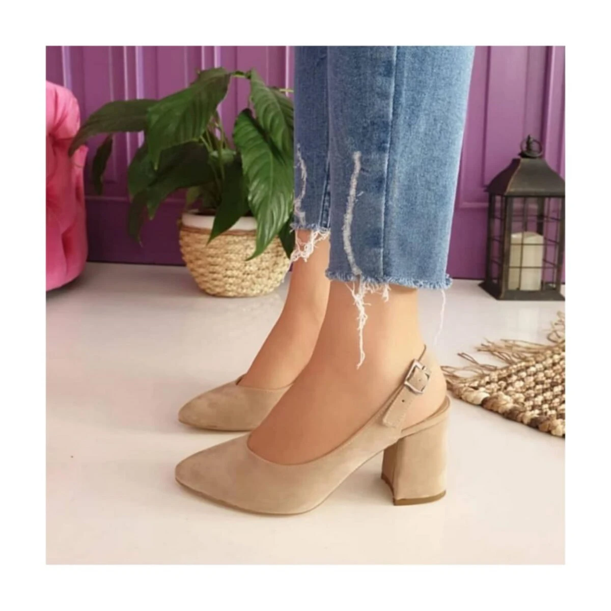 Beige Suede Ankle Strap Women Sandals Pointed Toe Heels for Women Thick Heel Pumps for Women 7 cm Heels Women Ladies Pumps