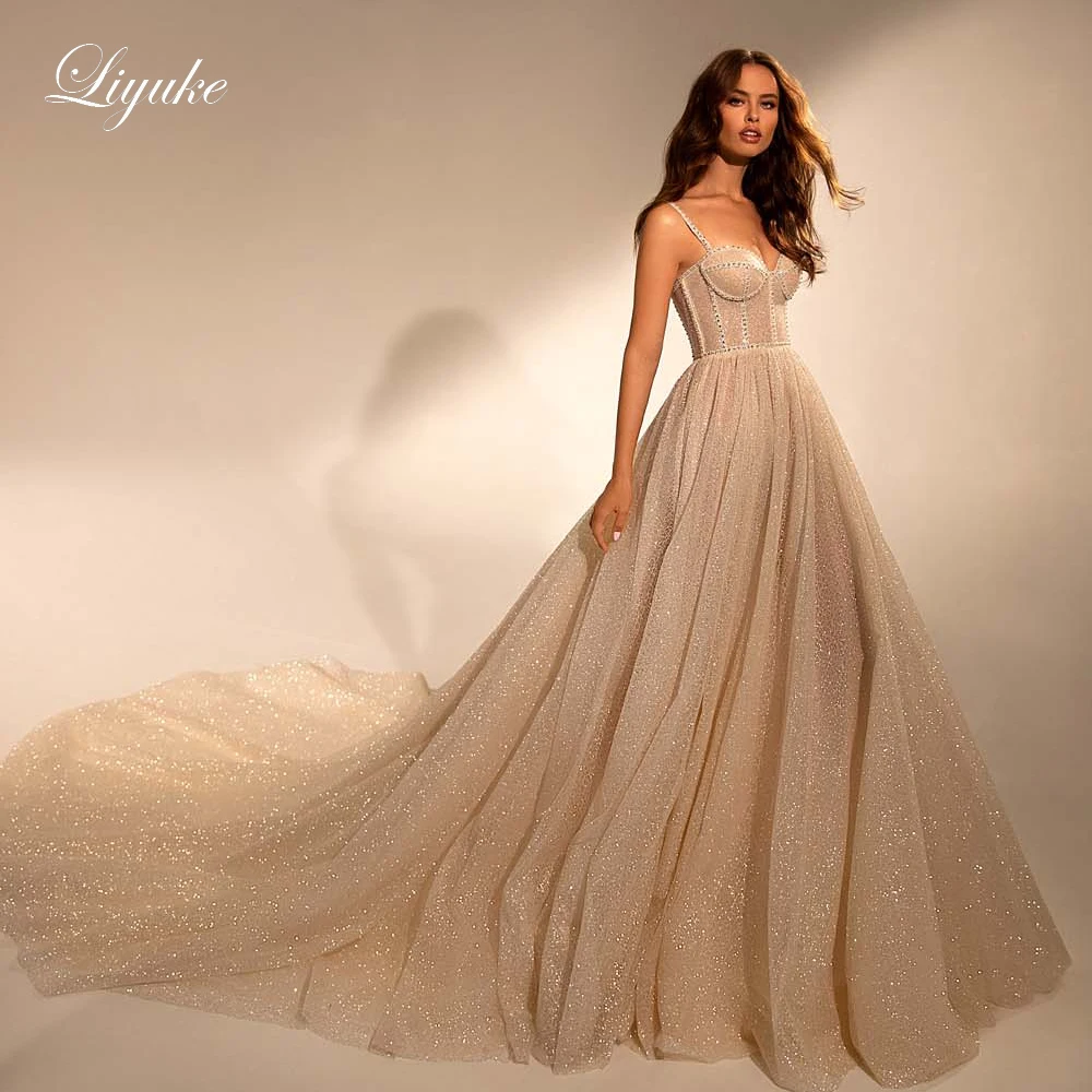 Liyuke Sparkle Lace Of Chamapgne A Line Wedding Dresses With Spaghetti Strap Sewed Beads Sweetheart Neckline