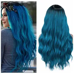 Wignee Lange Golvende Blauwe Fiber Synthetische Pruiken Midden Deel Hittebestendige Voor Vrouwen Natuurlijke Haar Dagelijkse/Party/Cosplay party Pruiken