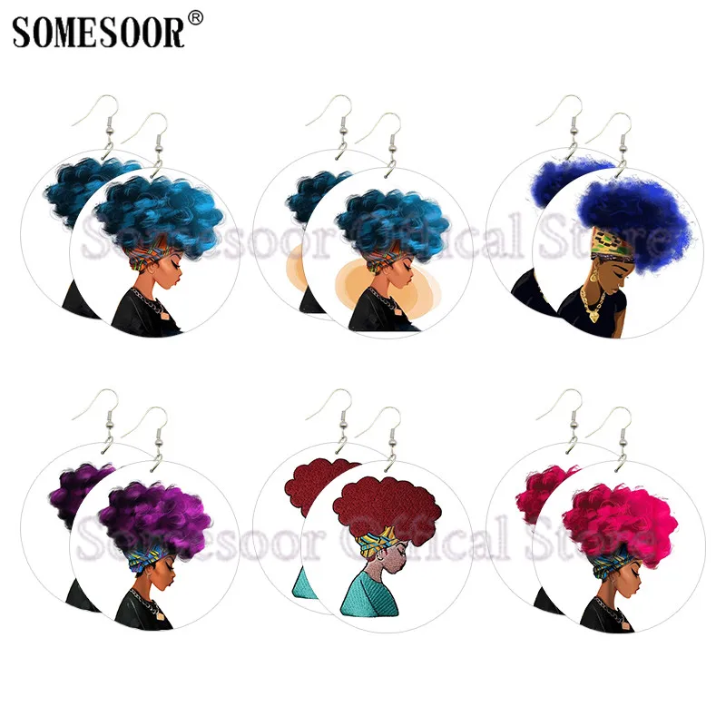 

SOMESOOR Afro Melanin Natural Hair Woman Wooden Drop Earrings Both Sides Print African Art Dangle Jewelry For Black Women Gifts