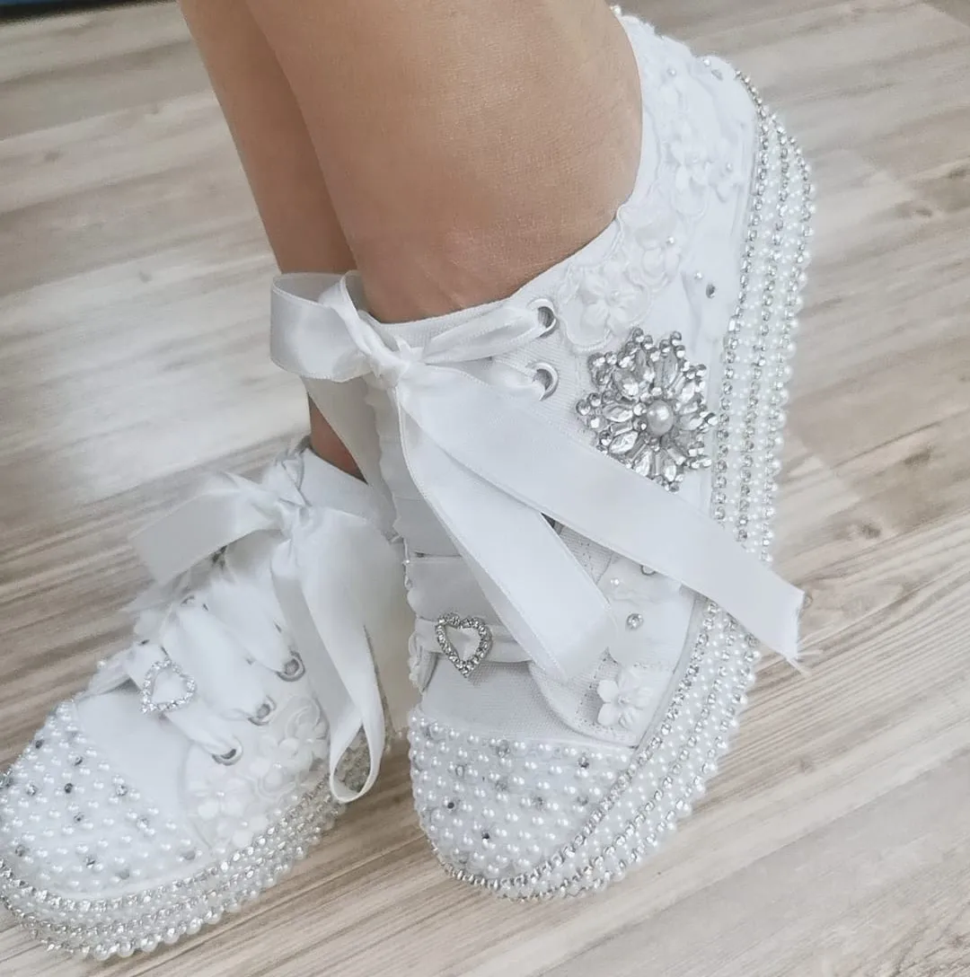 Crystal Stone 3CM Height Bridal Shoes White Women Sport Bridal Shoes Cristal Stone Flower white pearl Wedding shoes Canvas Sport