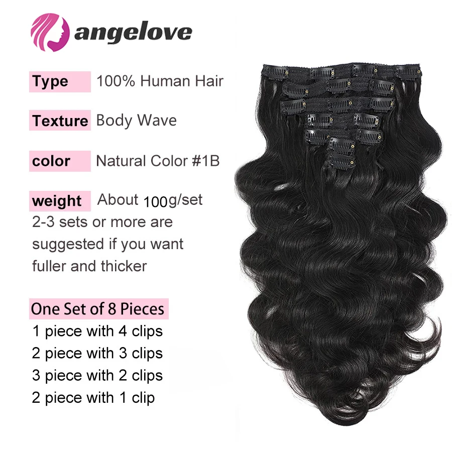 Extensions de cheveux humains Body Wave à clipser pour femmes, extension de cheveux brésiliens à clipser, tête complète, 120 g/ensemble