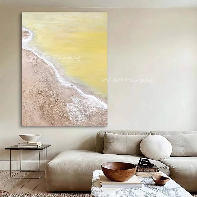 Handpainted Palette Knife Beach Seaside Oil Painting, Impasto Thick Textured Yellow Coast Canvas Wall Art Entryway Decor