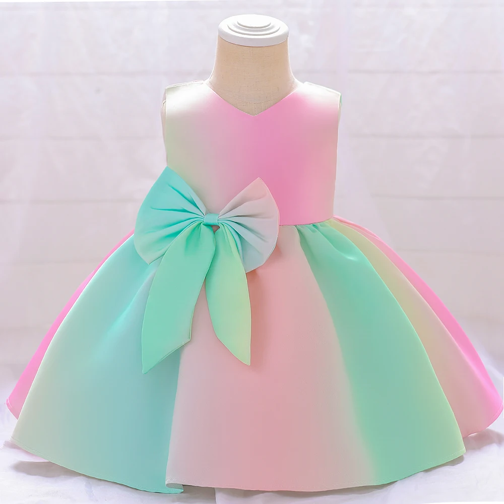 Elegant Gradient Bow Baby Girls Dress Summer 1st Birthday Party Prom Princess Kids Dresses for Girl Bridemaids Baptism Costumes