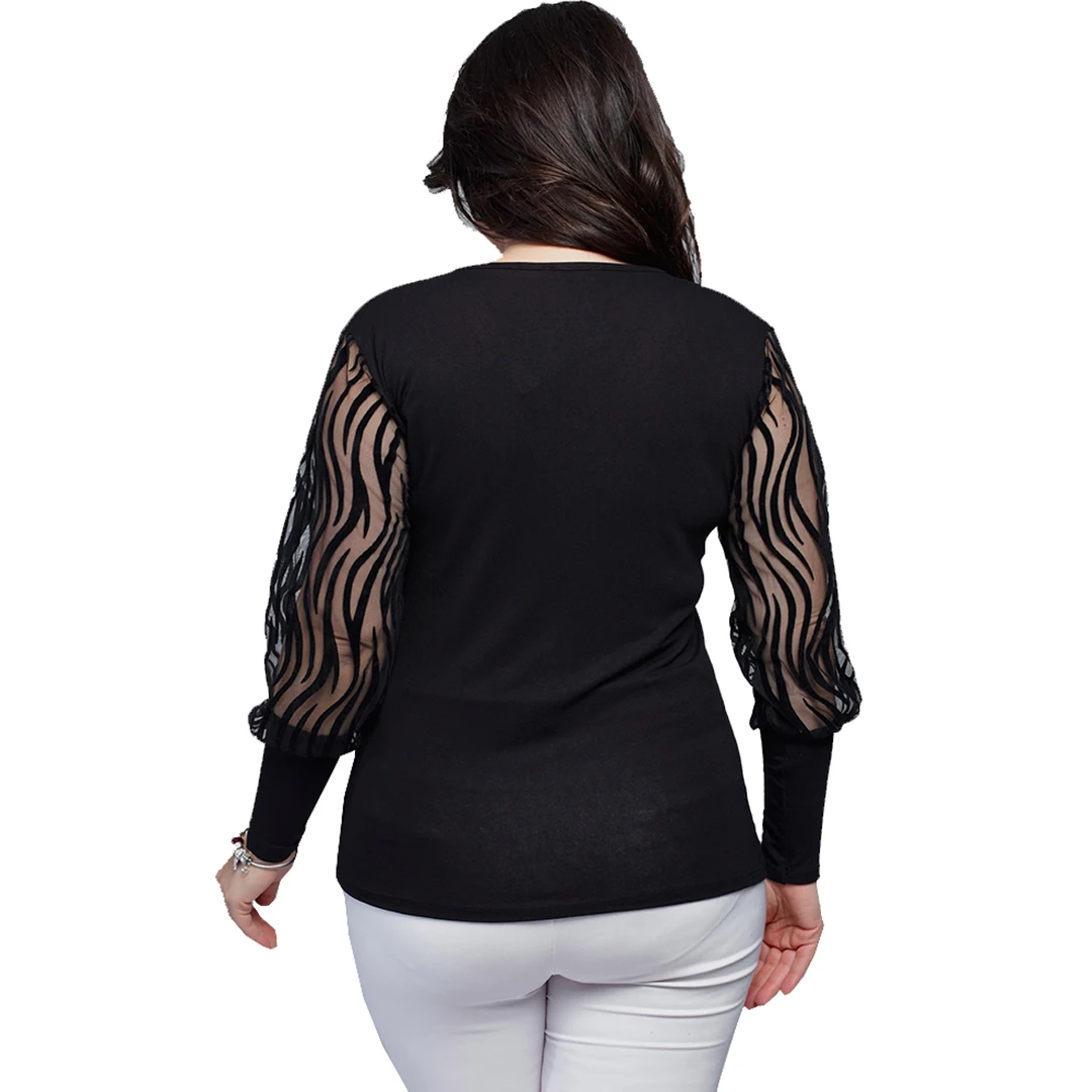 Women’s Plus Size Transparent And Suede Detailed Sleeve Black Blouse, Designed And Made In Turkey, New Arrival