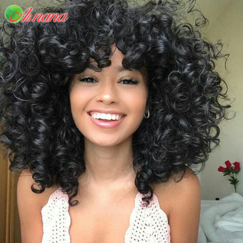 Jerry Curly Human Hair Wigs With Bangs Full Machine Made Wigs Highlight Blonde Orange Blue Colored Wigs For Women Malaysian Hair