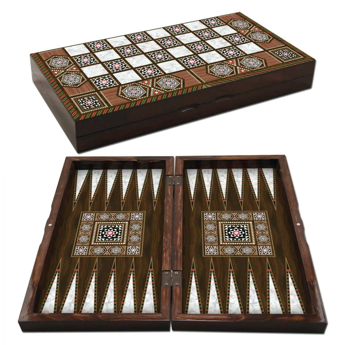 

Backgammon Set Luxury Checkers Chess Board Big Size 48x24 Cm Chips Dice Wood Wanut Pearl Polyester Coating TraditionalGame