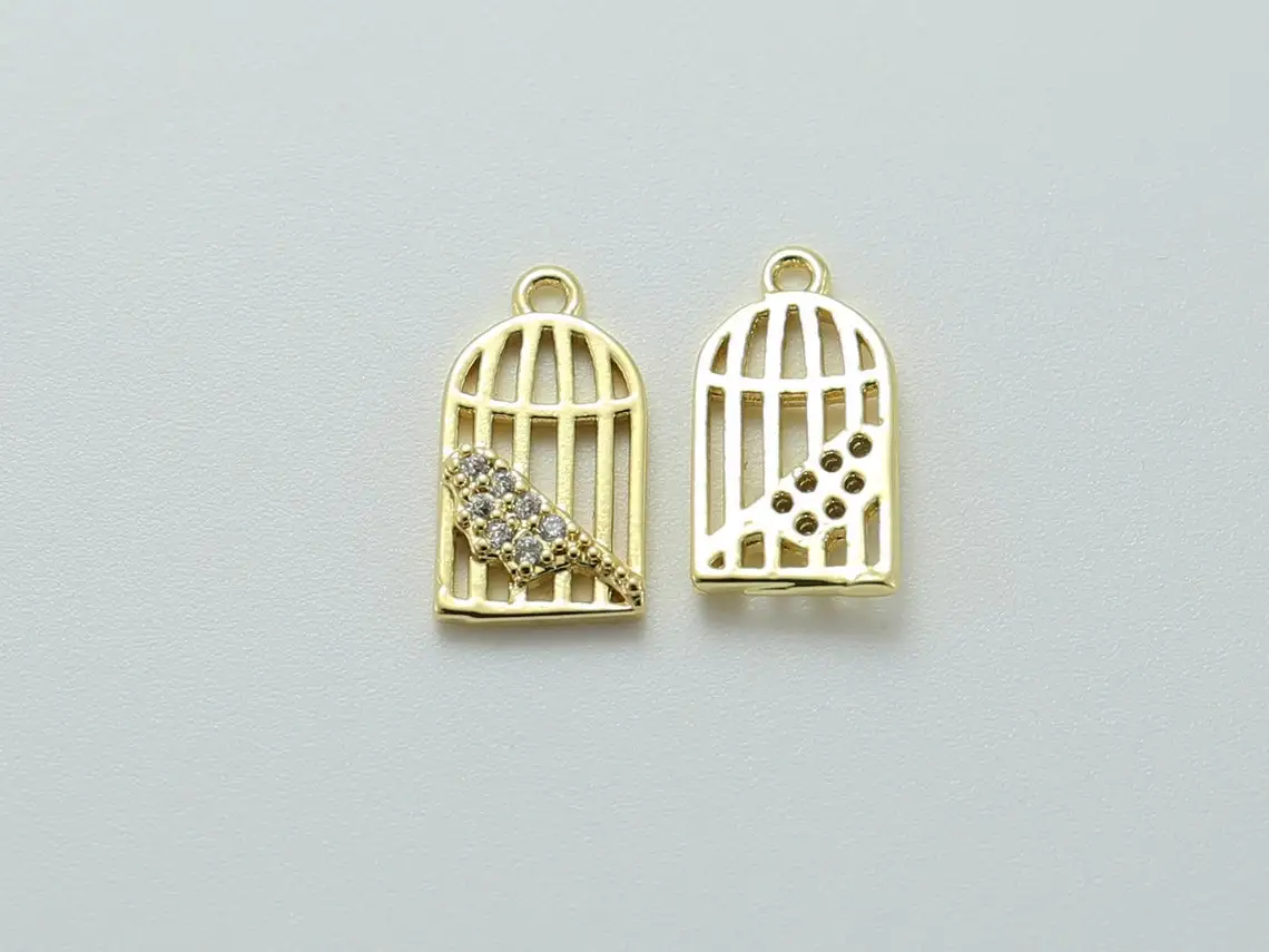 10pcs Gold Birdcage Charm, Earring Charms For Jewelry Making, Parrot Charms, Real Gold Plated G021