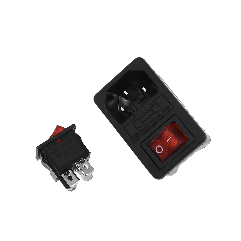 IEC320 C14 Electrical AC Socket 3 pin red LED 220V Rocker Switch 15A fuse female male inlet plug connector 2 pin socket mount