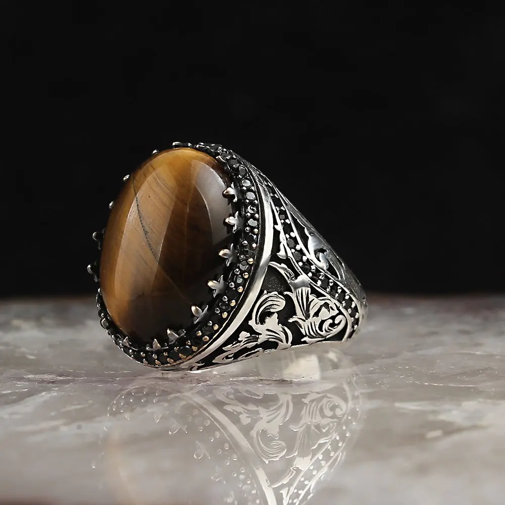 Tiger's Eye Stone Pattern 925 Sterling Silver Men 'S Ring