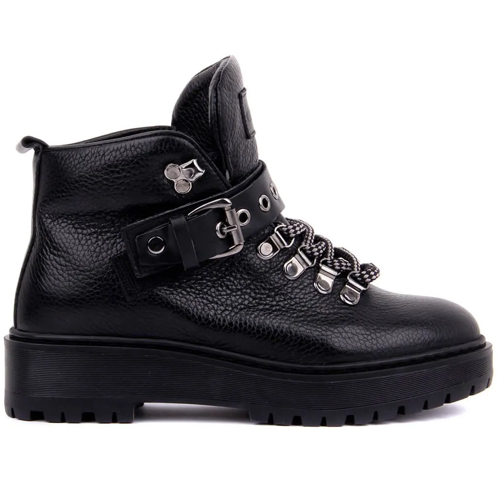 Sepatu Bot Wanita Bertali Kulit Hitam Layar-lakers