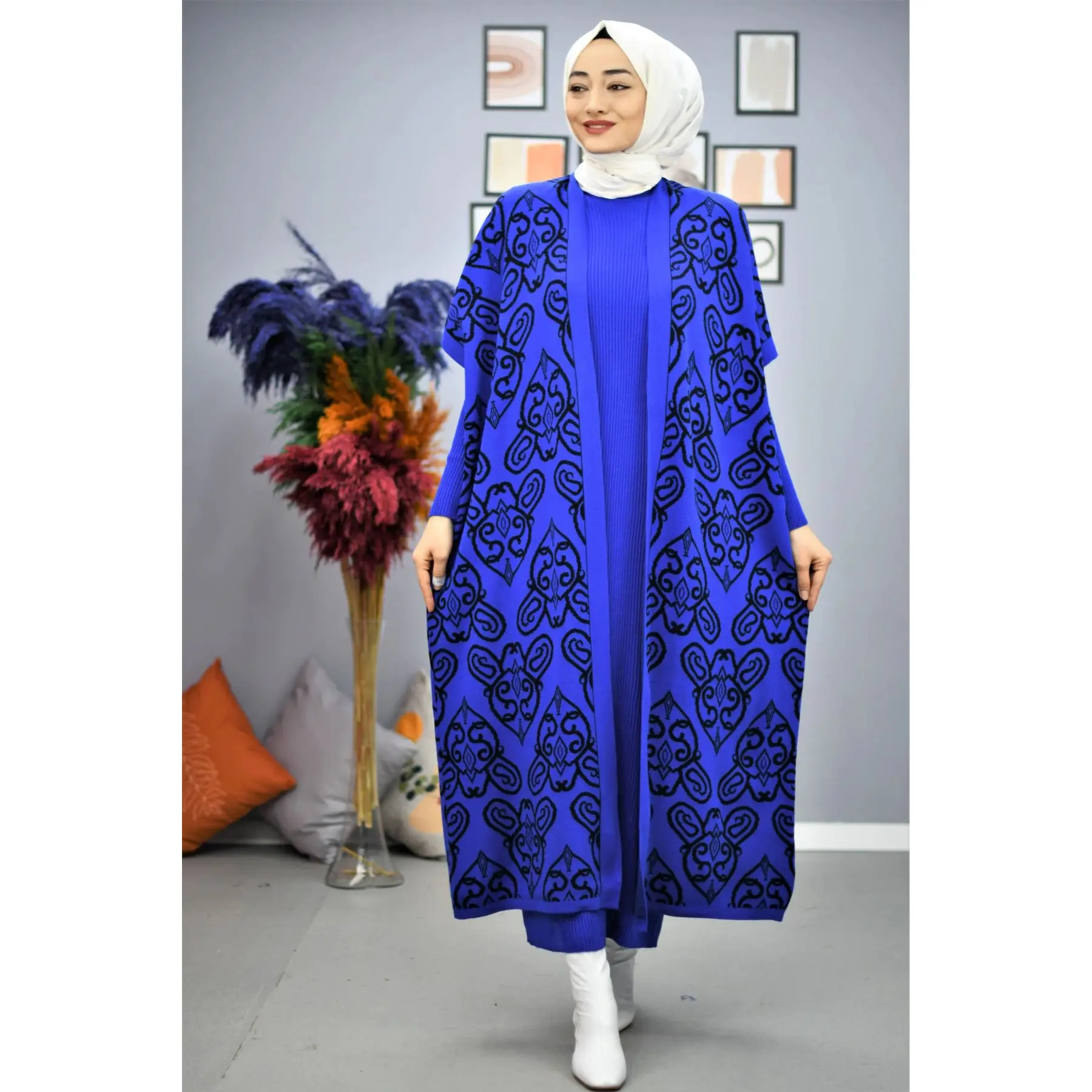 2 Piece Women\'s Knitted Set Maxi Turtleneck Embroidery Pattern Dress and Maxi Patterned Cardigan Knitwear Muslim Fashion Turkey