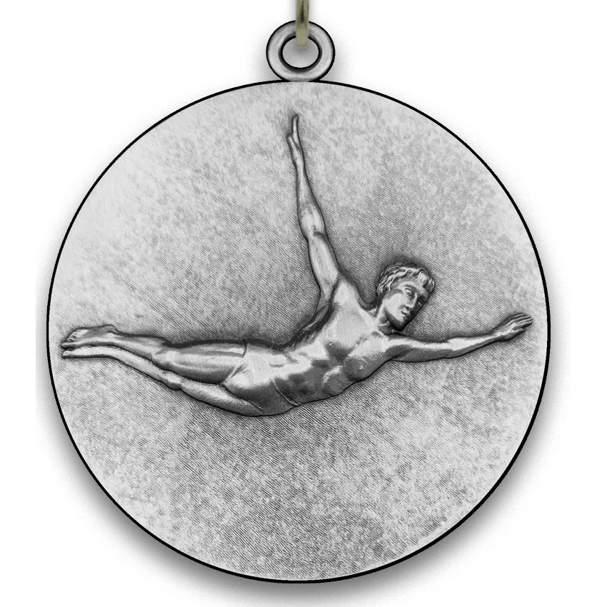 Large Metal Diving Medal - Male - Silver - 6,4 cm - with Neck Ribbon size 3.3cm x 80cm - Choice of Ribbon Colours.