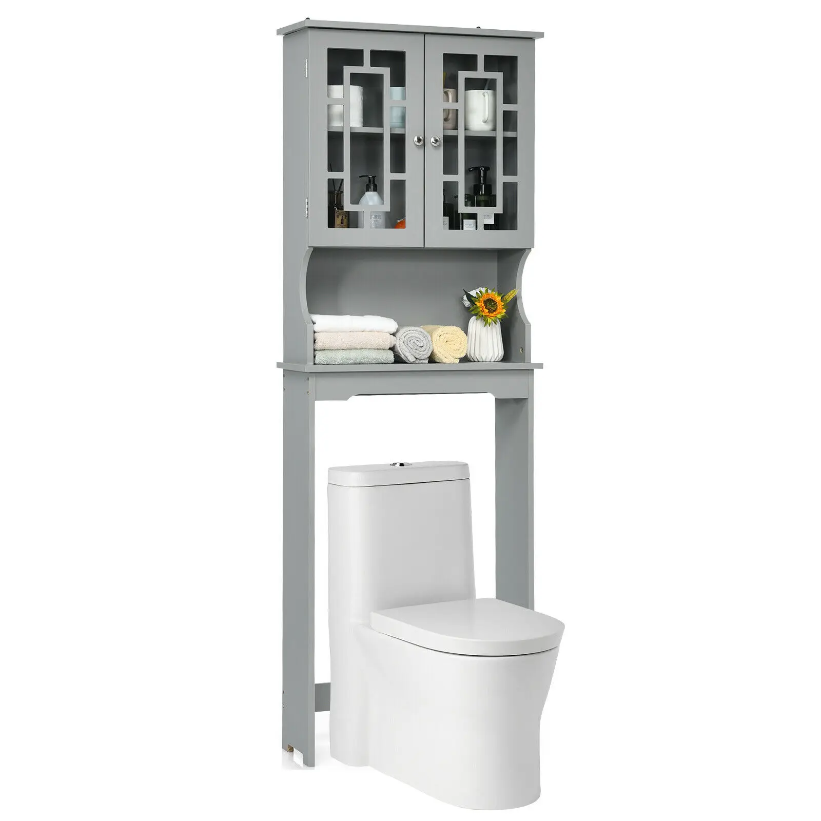 Over the Toilet Bathroom Spacesaver Organizer w/ Adjustable Shelf & Doors Grey  BA7402GR