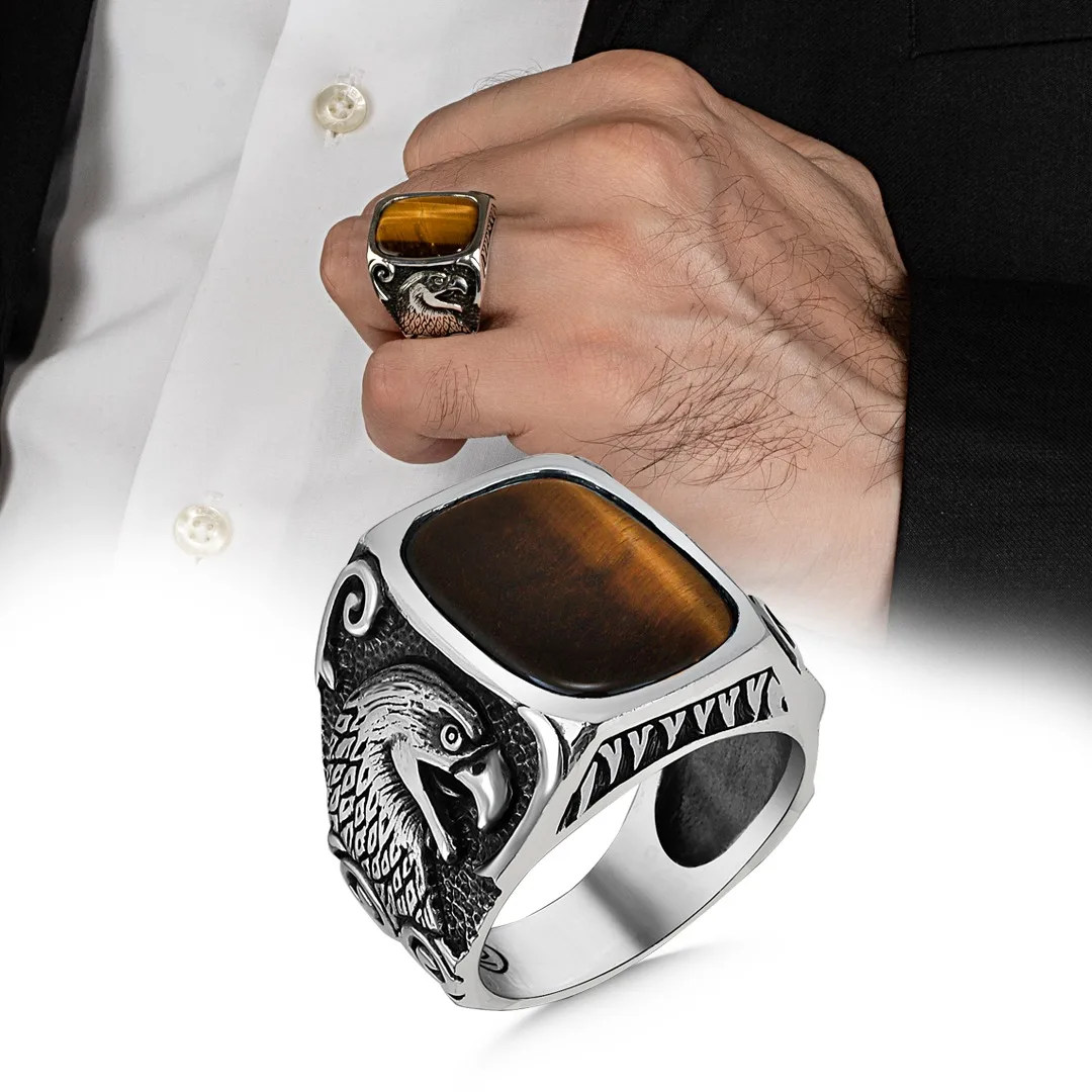 Oval Tigereye Stone Flying Eagle Ring for Men 925 Sterling Silver Collocation Fashion Natural Male Punk Mask Rings Vintage