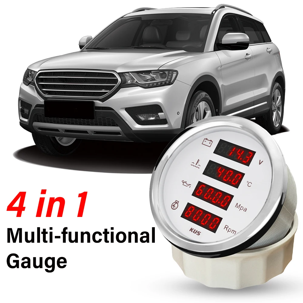 

KUS 85mm Digital 4 in 1 Multi-function 8000RPM Tachometer Water Temp Oil Pressure 0-1Mpa Voltmeter Red Backlight 9-32V