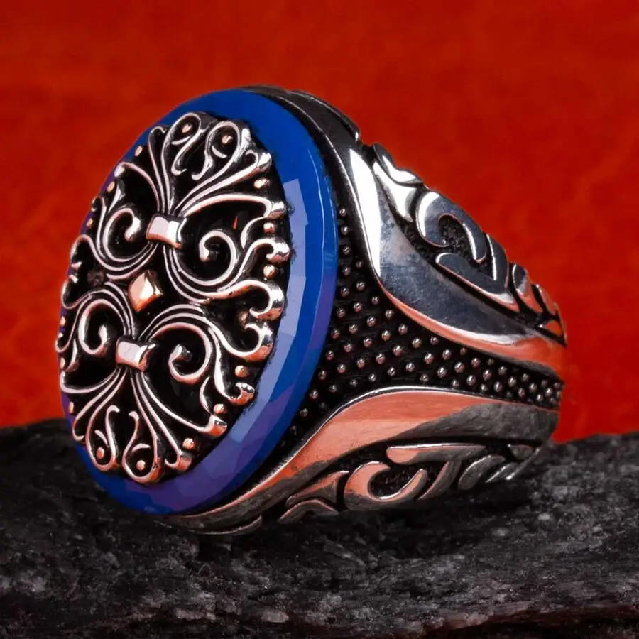 Symmetrically Design Pattern Silver Men's Ring Surrounded by Blue Stone Fashion Turkish Premium Quality Handmade Jawelery