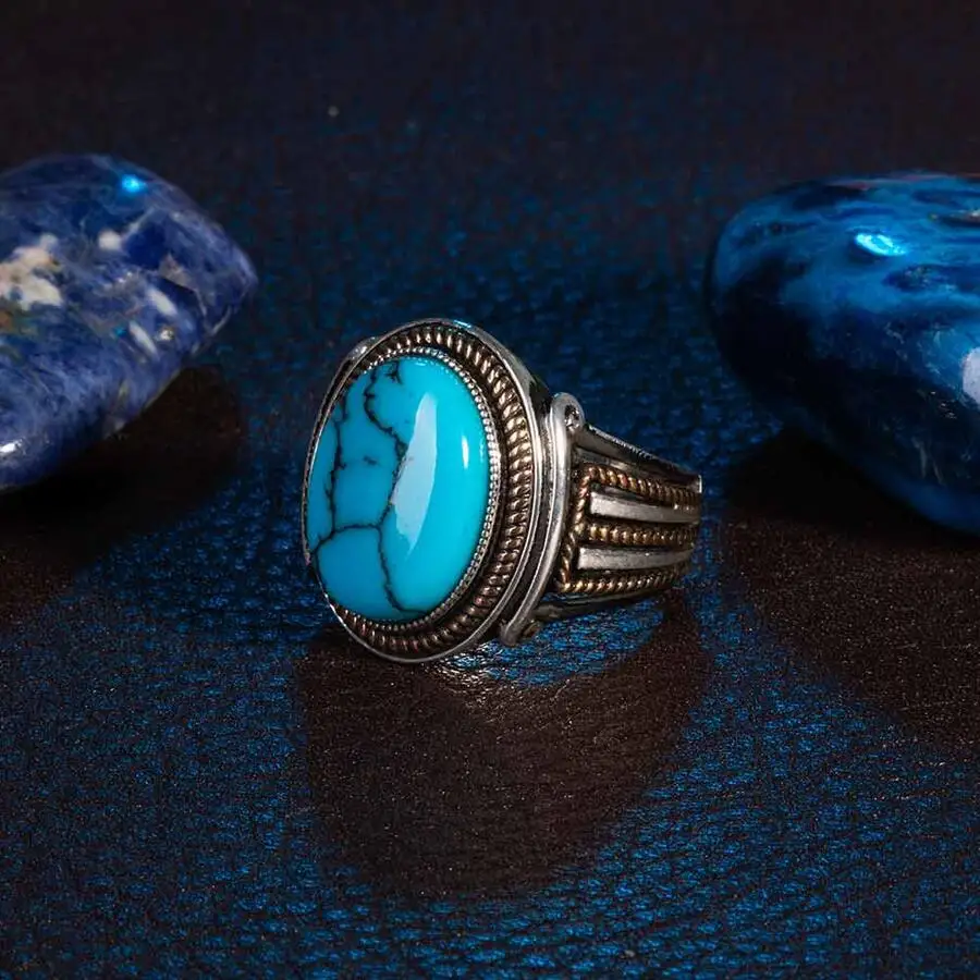 Men Blue Turquoise Gemstone Silver Ring Vintage Men Accessories Top Quality Fashionable Solid 925 Sterling Silver