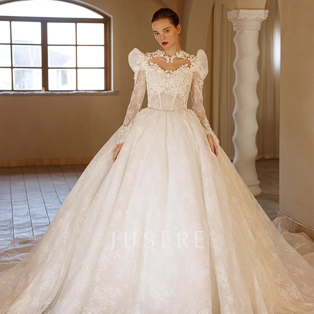 Jusere long sleeves bridal dress ball gown cathedral train wedding dress sexy bridal gown beaded dress with short train