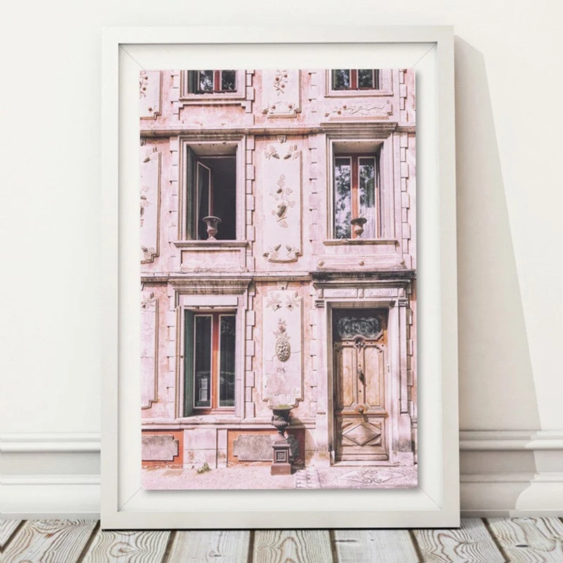 Blush Pink Architecture House Photo Canvas Painting Prints French Door Window Classical Ancient Building Poster Boho Wall Decor