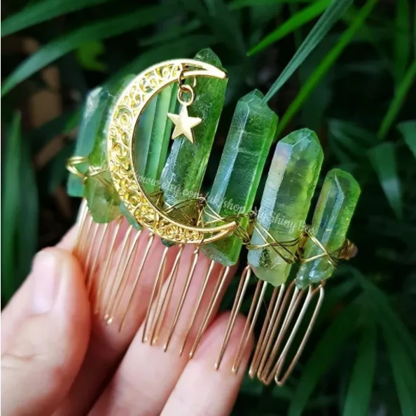 Green aura quartz crescent moon witchy crystal hair comb, mermaid elven festival boho alternative wedding witchy wiccan crystal