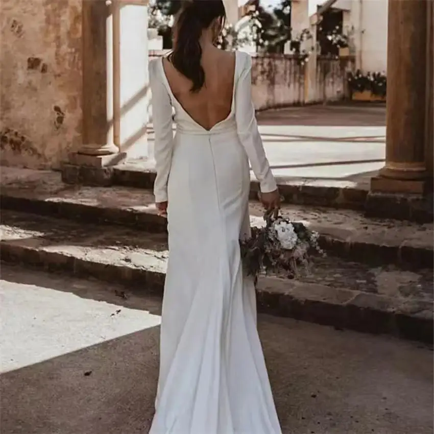 11789 # Elegante Lange Mouw Zachte Satijnen Diepe V-hals Open Back Mermaid Sexy Eenvoudige Sweep Trein Trouwjurk Bridal gown