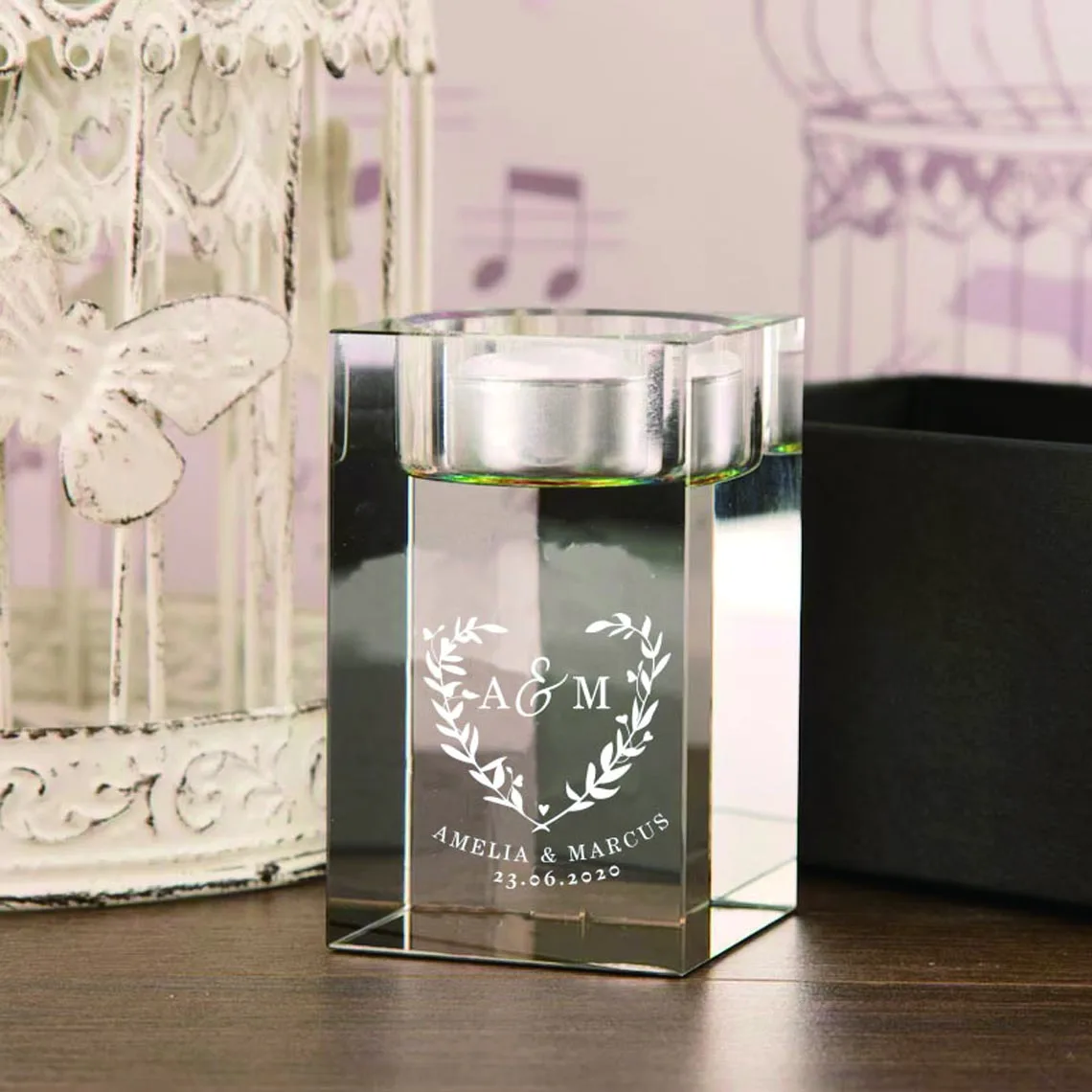 PERSONALIZED CRYSTAL GLASS CANDLE HOLDER, CAN BE CUSTOMIZED EUROPEAN STYLE WEDDING PARTY CANDLE HOLDER, LASER ENGRAVED.